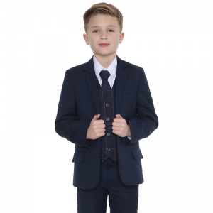Boys Navy & Red Check 5 Piece Slim Fit Suit